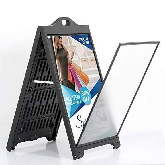 M&T Displays Street SignPro with Lens Protective Cover, 24x36 Inch Poster White Double Sided Sandwich Board Folding A-Frame Sidewalk Curb Sign Portable Advertising Display for Restaurant Cafe
