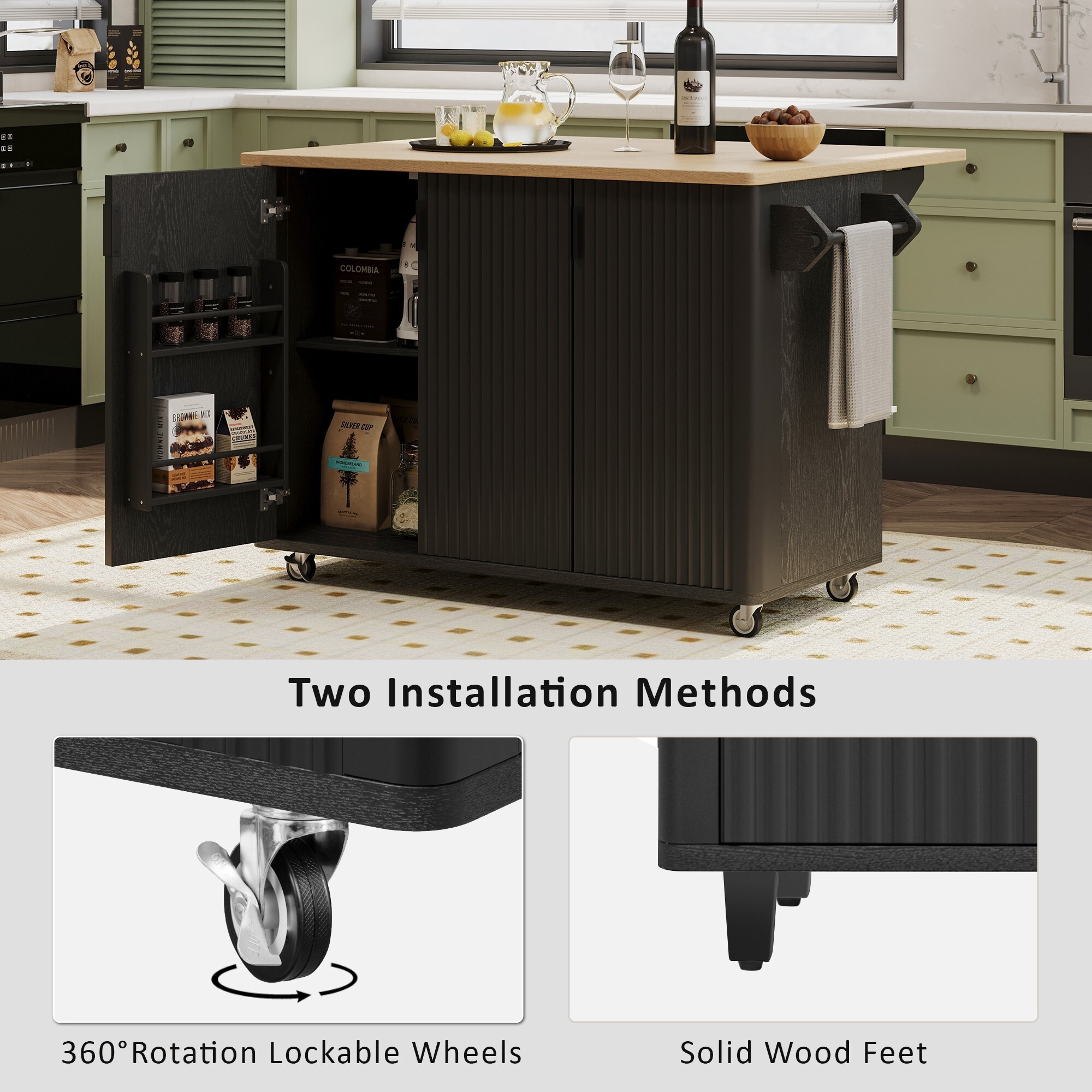 DEALTOPS 51" Fluted Panel Kitchen Island with Drop Leaf, 3-Door Rolling Storage Cabinet Cart, Black Ash