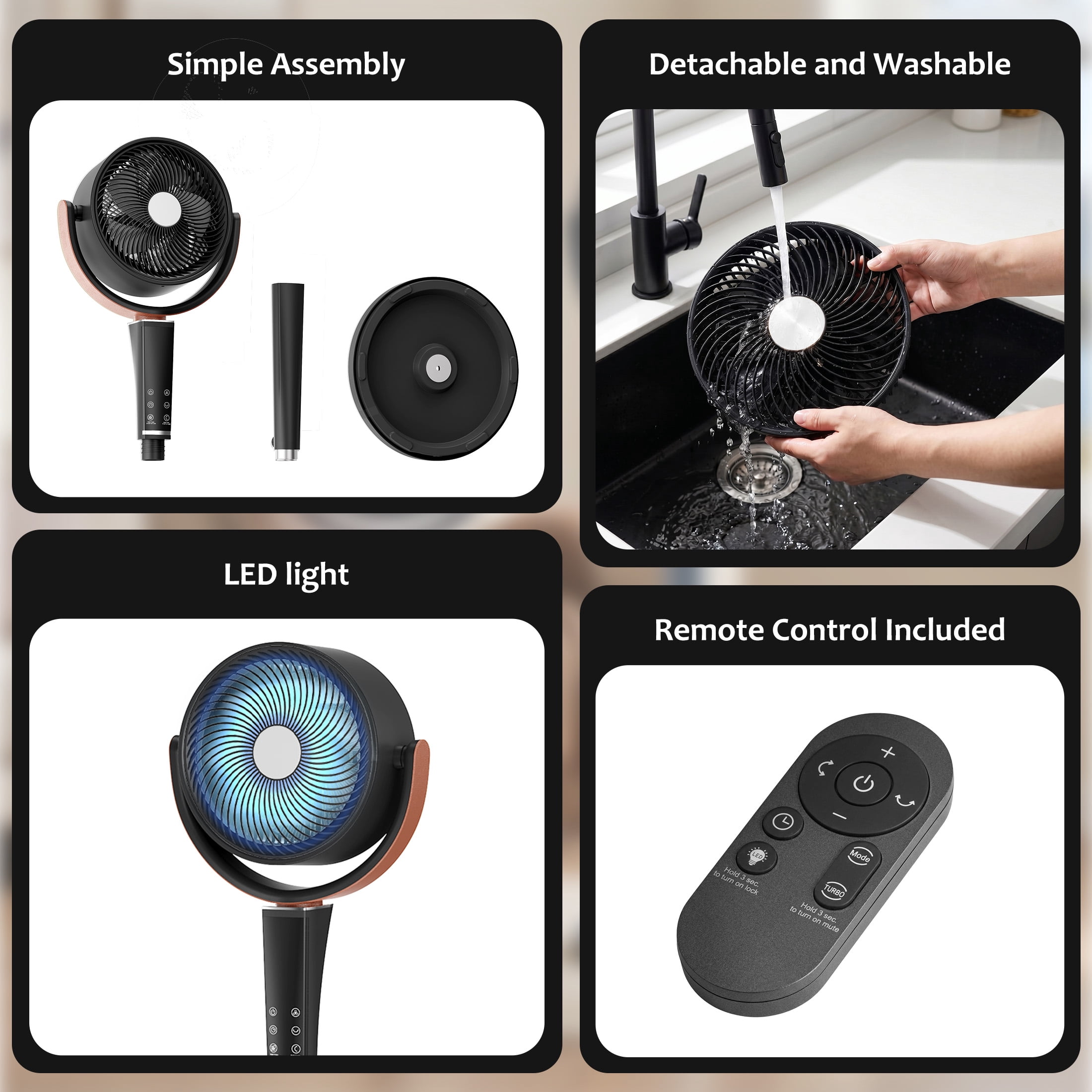EDX Bedroom Pedestal Fan, Quiet 20dB DC Air Circulator, 15 Speeds 5 Modes, 120° Oscillation, 12H Timer, 1050CFM Airflow, 37-45" Adjustable Height, LED Light, Standing Fan with Remote, Black