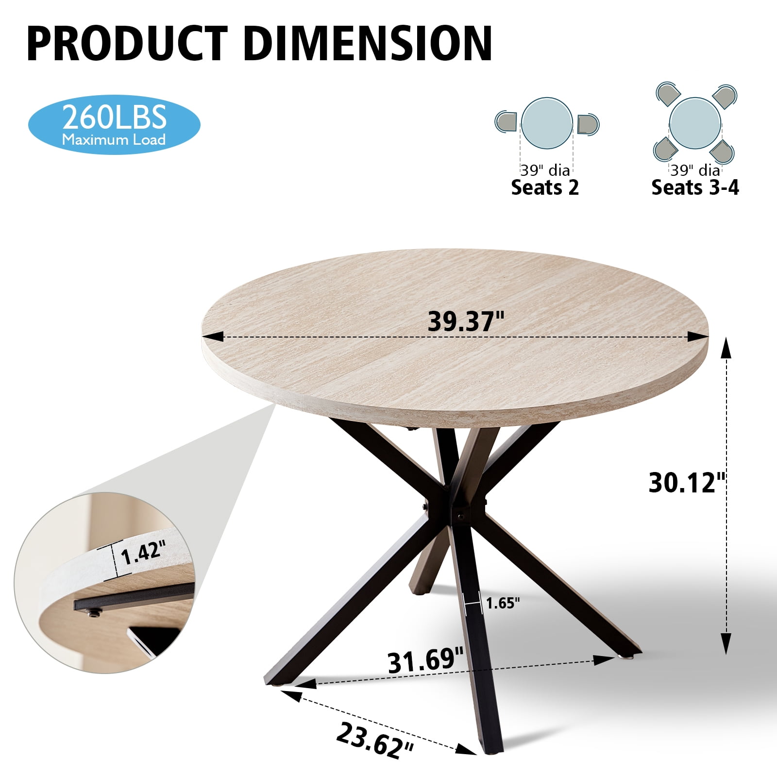 39 Inch Round Dining Table for 4, Mid-Century Kitchen Leisure Table for Apartment Living Room Space Saving, Metal Cross Legs, Light Stone Pattern