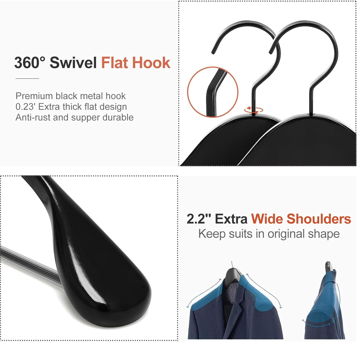 Black Wooden Coat Hanger 6 Pack, Wide Shoulder Wood Suit Hangers with Extra-Thick Flat Hooks & Anti-Slip Pants Bar, Heavy Duty Clothes Hangers,Glossy Finish, Black-CT02H
