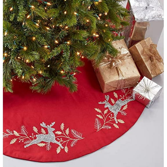Fennco Styles Embroidered Reindeer Christmas Tree Skirt 54 Inch Round - Red Festive Tree Skirt for Home, Holiday Decoration and Special Occasion