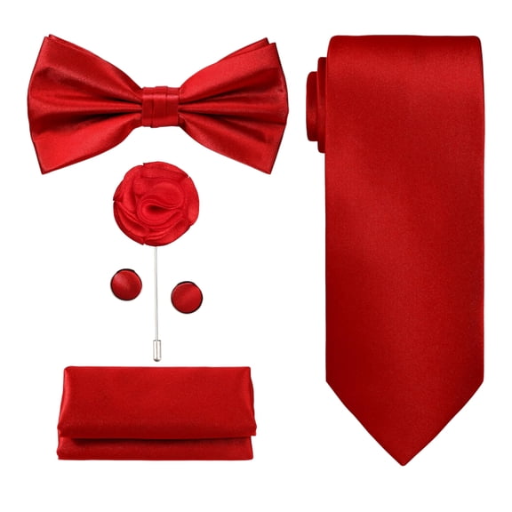5 Pcs Tie Set for Men: Red Satin Necktie, Bow Tie, Pocket Square, Chiffon Boutonniere, Red Cufflinks for Husbands and Grooms