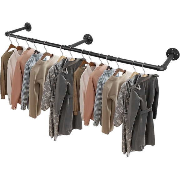 Industrial Pipe Clothes Rack, Heavy Duty Detachable Iron Garment Rack Wall Mounted, Rustic Saving Space Clothes Bar Multi-Purpose Hanging Rod for Bedroom, Closet, Black (50 Inch)