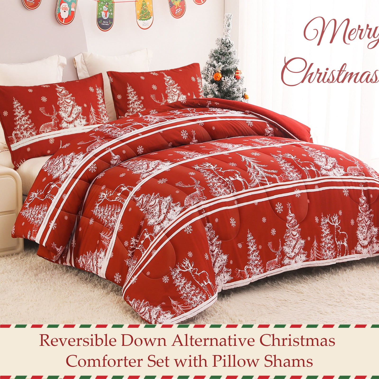 Exclusivo Mezcla Christmas Twin Size Comforter Set, 2 Pieces Reversible Rust Red Striped Down Alternative Comforter Sets, Printed Christmas Trees Snowflakes Pattern