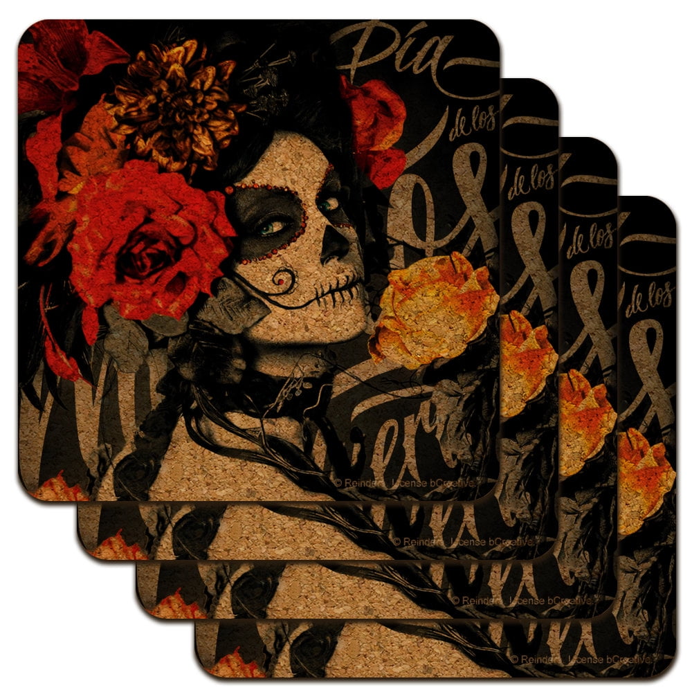 Dia de los Muertos Day of the Dead Woman Tattoo Low Profile Novelty Cork Coaster Set
