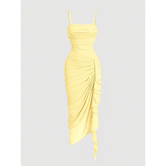 Light Yellow Womens Ruched Bodycon Midi Dress With Spaghetti Straps And Asymmetrical Ruffle Hem