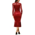 thumbnail image 3 of INSPIRE CHIC Women's Dress Elegant Velvet Sheer Mesh Mock Neck Midi Cocktail Dresses XS Dark Red, 3 of 6