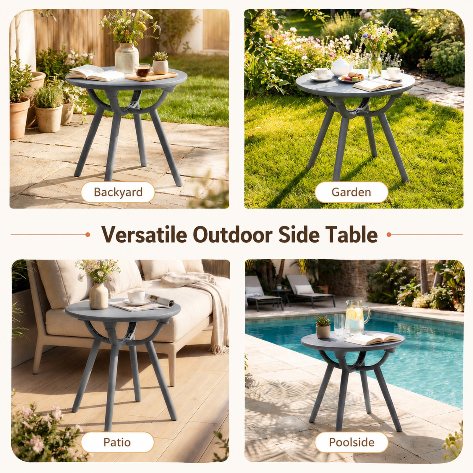 Furnibear Outdoor Round Patio Storage Side Table Set of 2 with Weatherproof PP and ABS Build for Poolside Backyard Balcony and Deck, Gray