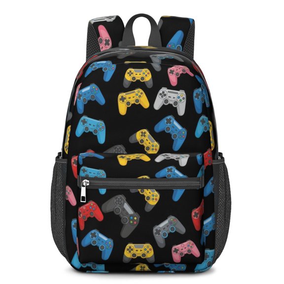 Game Controller Black Pattern 17" School Backpacks for Teens,Waterproof Oxford Fabric,S-Shape Padded Straps for School,Travel,Hiking,Camping