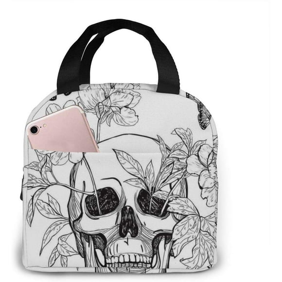 Skull Flower Blooms Butterflies Vintage Gothic Print Portable Insulated Lunch Bag Workers Students Simple and Elegant Portable Insulation Lunch Bag
