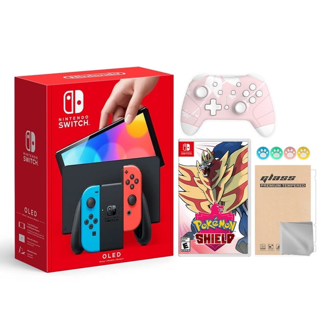 2021 New Nintendo Switch OLED Model Neon Red & Blue Joy Con 64GB Console HD Screen & LAN-Port Dock with Pokemon Shield And Mytrix Wireless Switch Pro Controller and Accessories Nintendo HEGSKABAA