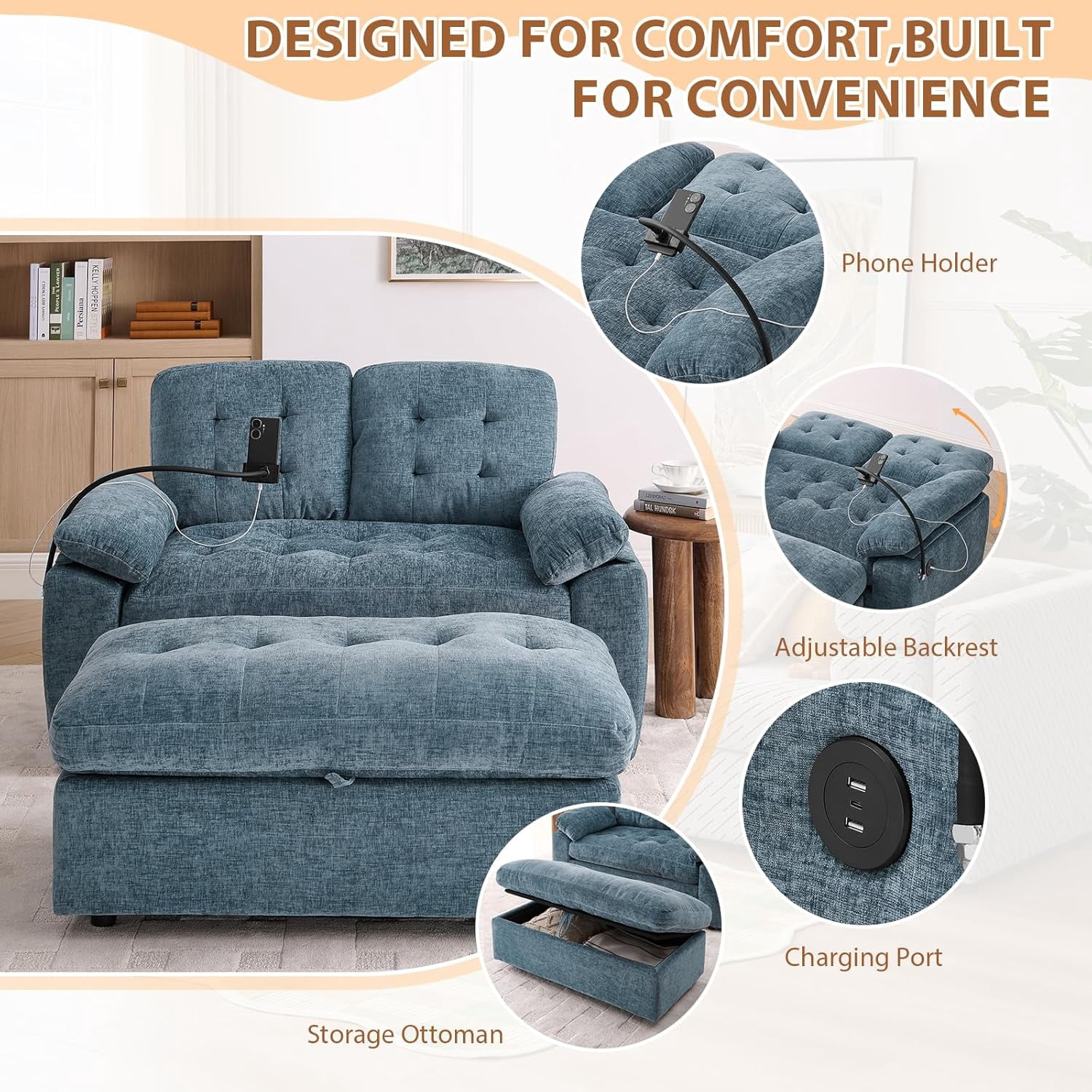 MOONMISS Oversized Chaise Lounge Chair Indoor with Ottoman&Adjustable Backrest,Chenille Tufted Recliner Sofa Chair with USB&Phone Holder,Convertible Sleeper Couch Bed for Living Room,Blue