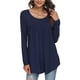 thumbnail image 1 of Blusa de manga larga para mujer, cuello redondo, con volantes, color puro, transpirable, elástico, para mujer, top suelto para el trabajo diario, fiesta, citas, azul marino S, 1 of 5