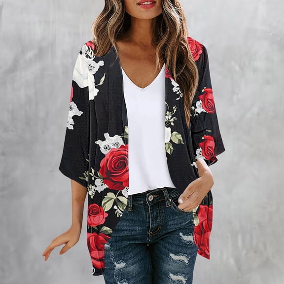 UVEASISHA Women Floral Open Front Cardigans Lightweight 3/4 Sleeve Cardigan Thin Soft Comfy Summer Casual Tops for Daily Wear Multicolor S