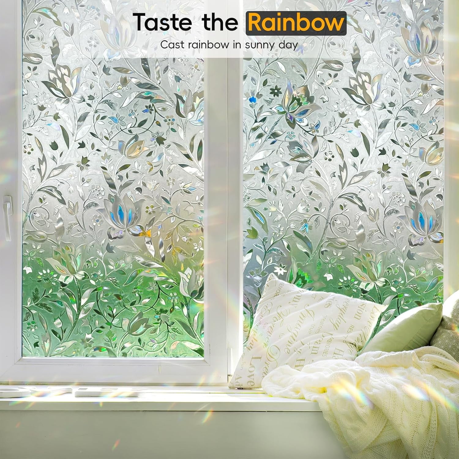 BSHAPPLUS® 17.7" x 78.7" Privacy Window Film,Tulip Rainbow Window Clings,Stained Glass Window Film,Non-Adhesive Window Tin,Anti UV Window Sticker for Home Kitchen Bathroom Office