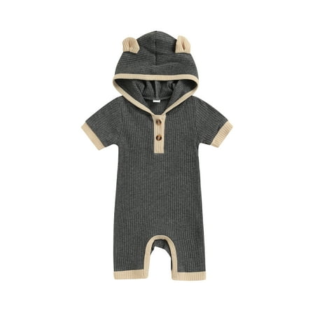 

Nokpsedcb Infants Baby Boy Girl Summer Short Sleeve Jumpsuit Patchwork Button Newborn Ribbed Hooded Rompers Gray 6-9 Months