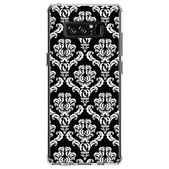 DistinctInk Clear Shockproof Hybrid Case for Samsung Galaxy Note 8 - TPU Bumper, Acrylic Back, Tempered Glass Screen Protector - Black White Damask Pattern - Floral Damask Pattern
