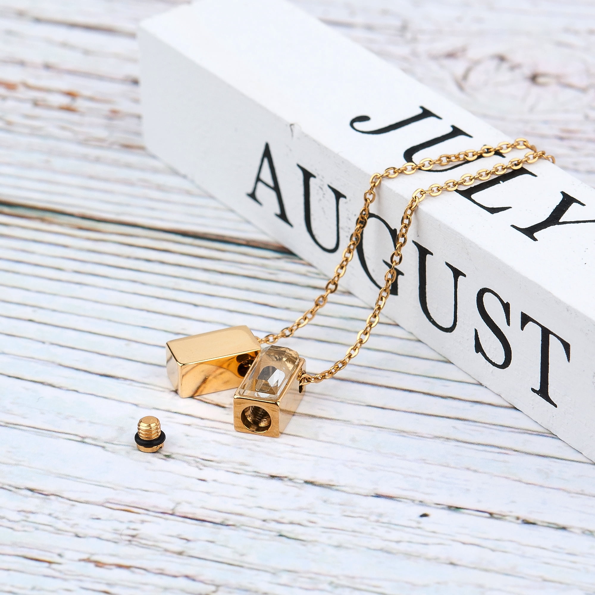 Anavia See You Cremation Necklace for Ashes, Mini See Through Urn Necklace, Mini Cube Cremation Pendant, Cremation Jewelry, Memorial Jewelry, Mini Urn-[Gold]