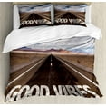 thumbnail image 1 of Good Vibes Duvet Cover Set Queen Size, Inspirational Phrase on Highway On The Road Theme Travel Enthusiasm, Decorative 3 Piece Bedding Set with 2 Pillow Shams, Brown Dark Blue White, by Ambesonne, 1 of 3