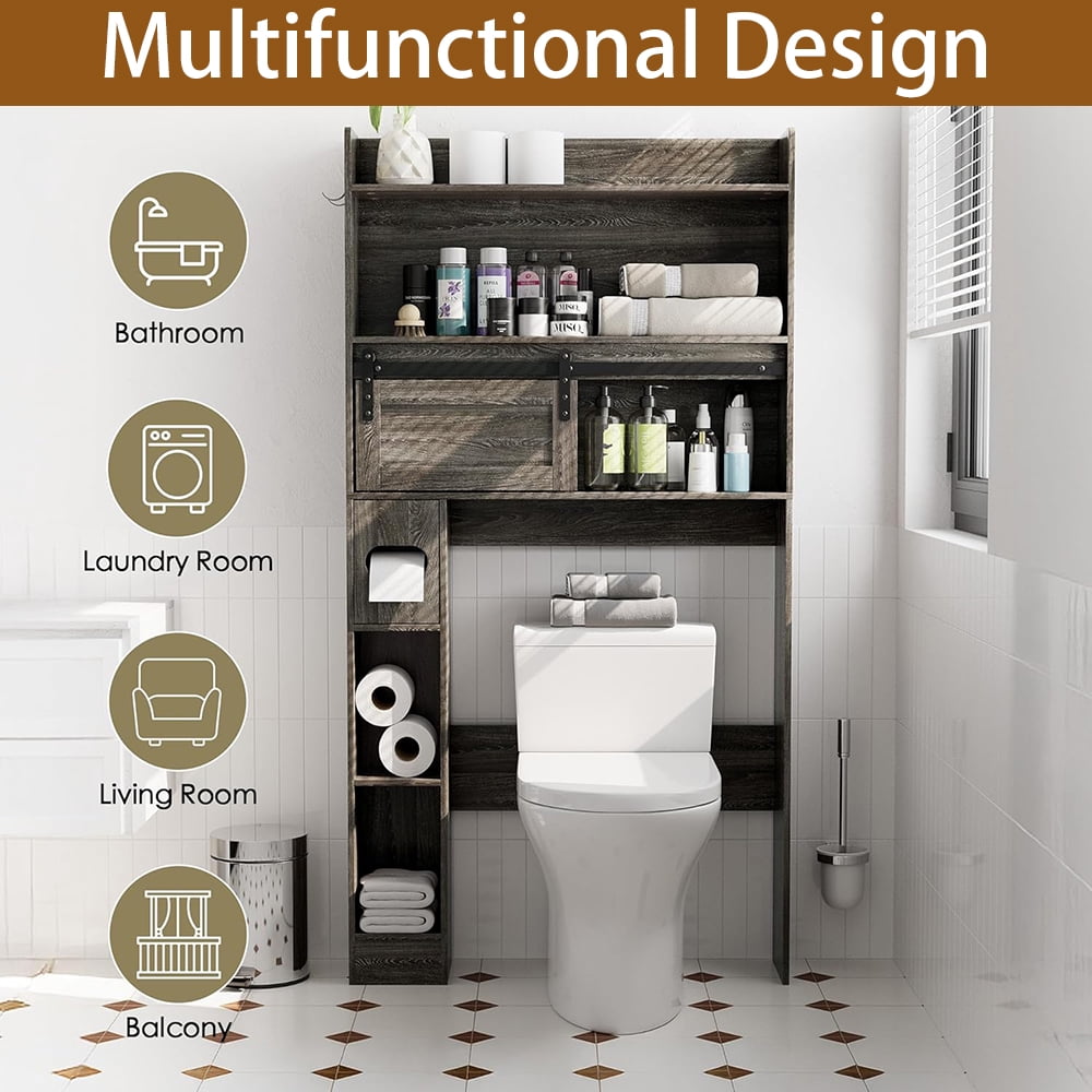 MIDOQIN Over The Toilet Storage Cabinet, Farmhouse Wooden 6-Tier Bathroom Organizer with Adjustable Bottom Bar Home Space-Saving Toilet Rack
