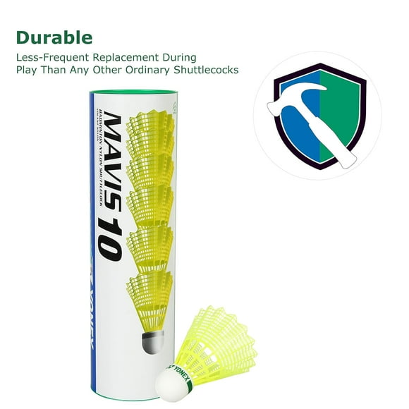 Yonex Mavis 10 Badminton Shuttlecocks Nylon | Yellow , Pack Of 6 , Cork Base & Nylon Skirt (Green Cap)