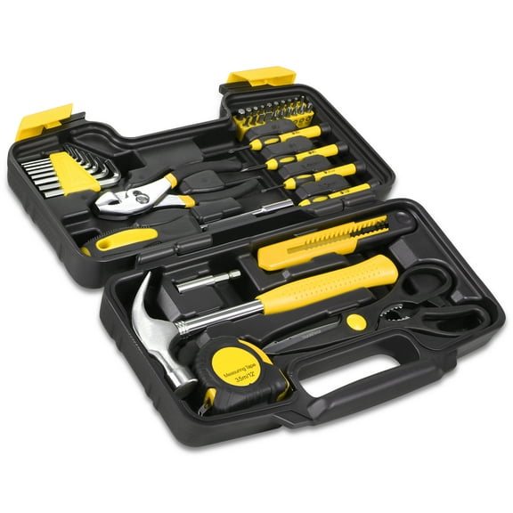 39Pcs Home Repair Hand Tool Set Toolbox Bit Drive Plier Hammer Scissor Hex Key Househeld Garage Garden Office DIY Yellow
