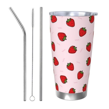 

Zeuib Strawberry Printed 20oz Stainless Steel Insulated Car Cup Stainless Steel Thermal Cup Vacuum Insulated Leak-proof Travel Mug Cup-Straw Three-piece Set