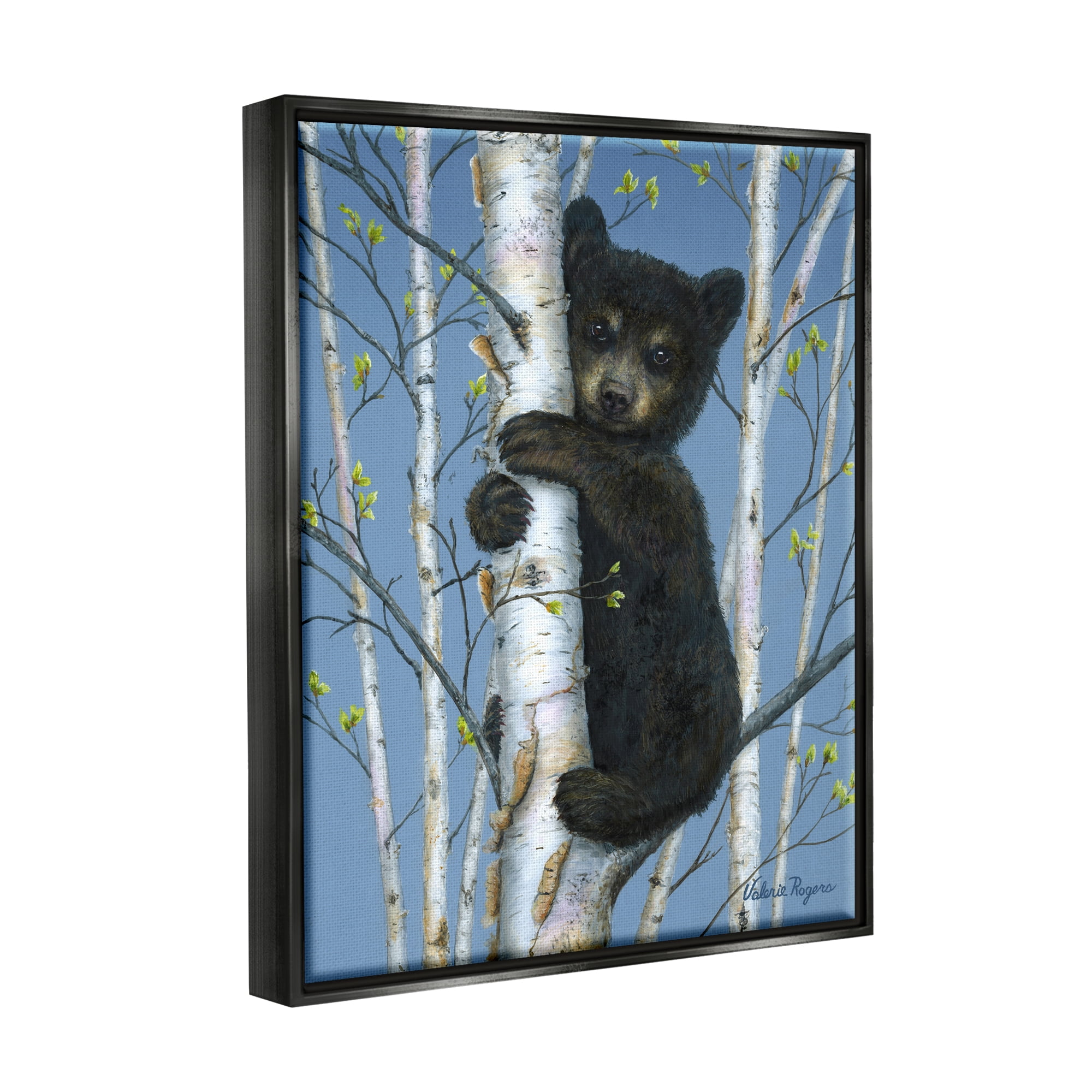 Stupell Industries Bear Cub Climbing Birch Tree Animals & Insects Painting Black Floater Framed Art Print Wall Art