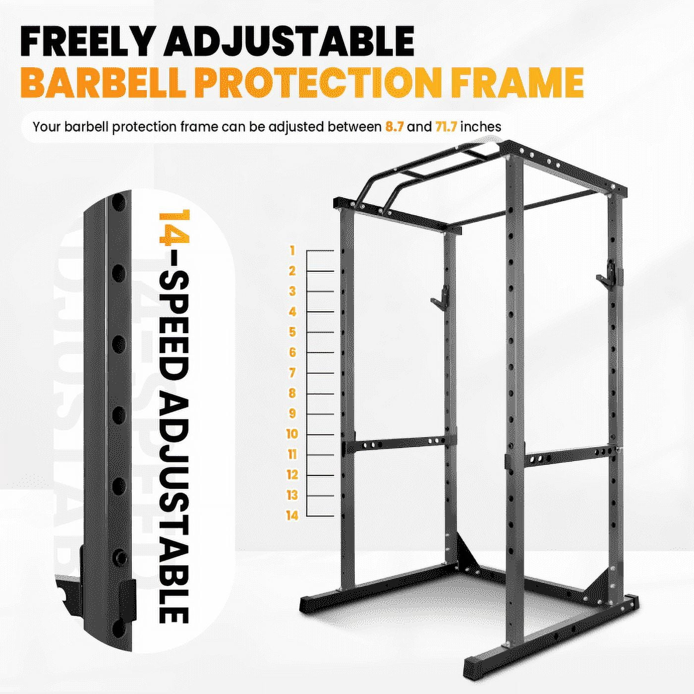 1.8mm Anti-Rust Squat Rack - 1200lbs Power Cage with 14-Level Adjustment for Weightlifting, Chin-Ups, Squats - Outdoor Space, Garage, Fitness Studio