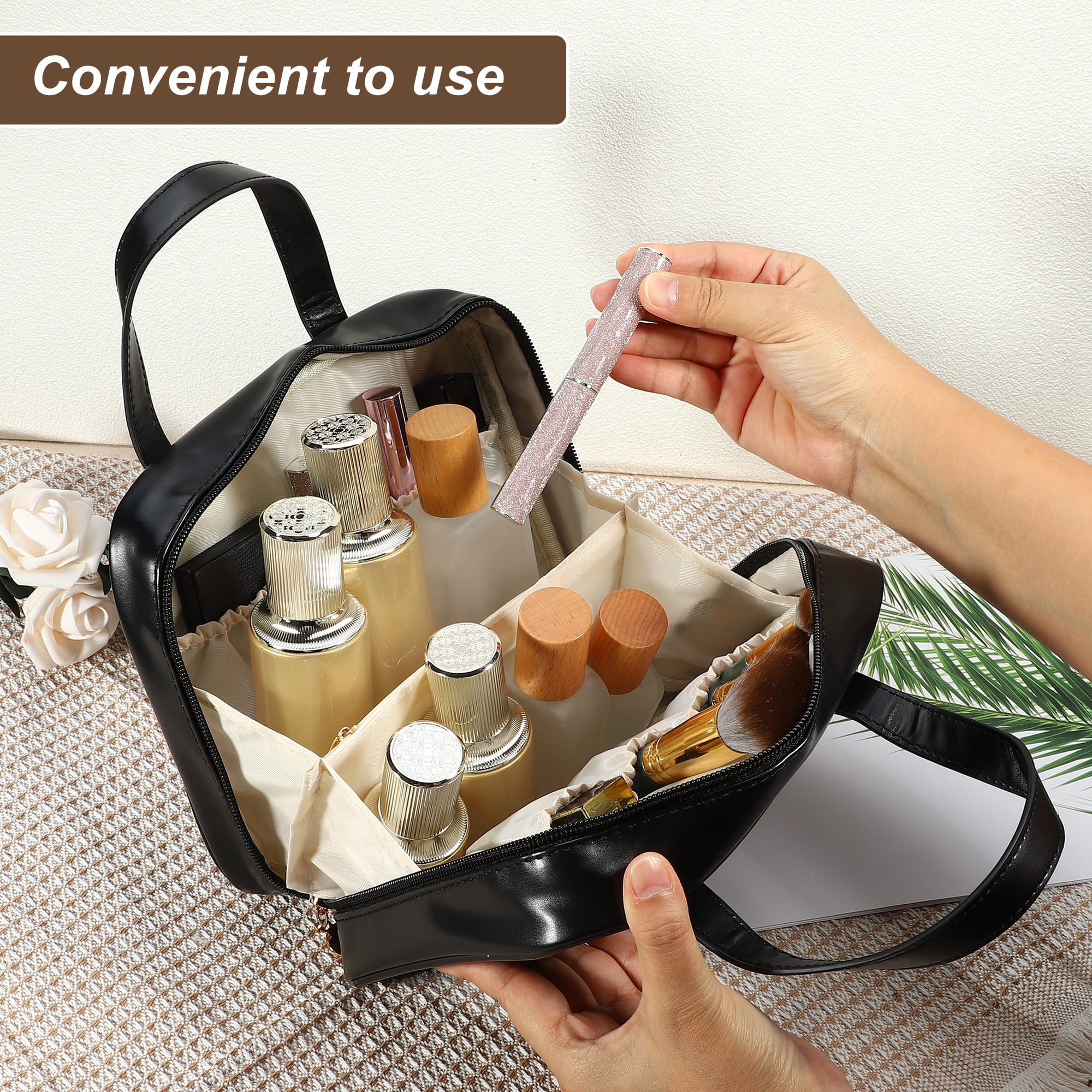 Unique Bargains Handhold Cosmetic Bag Portable Makeup Bag Makeup Pouch with Handle Black