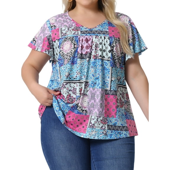 DARING DIVA Women's Plus Ruffle Boho Floral T Shirt 1X Blue Pink Block