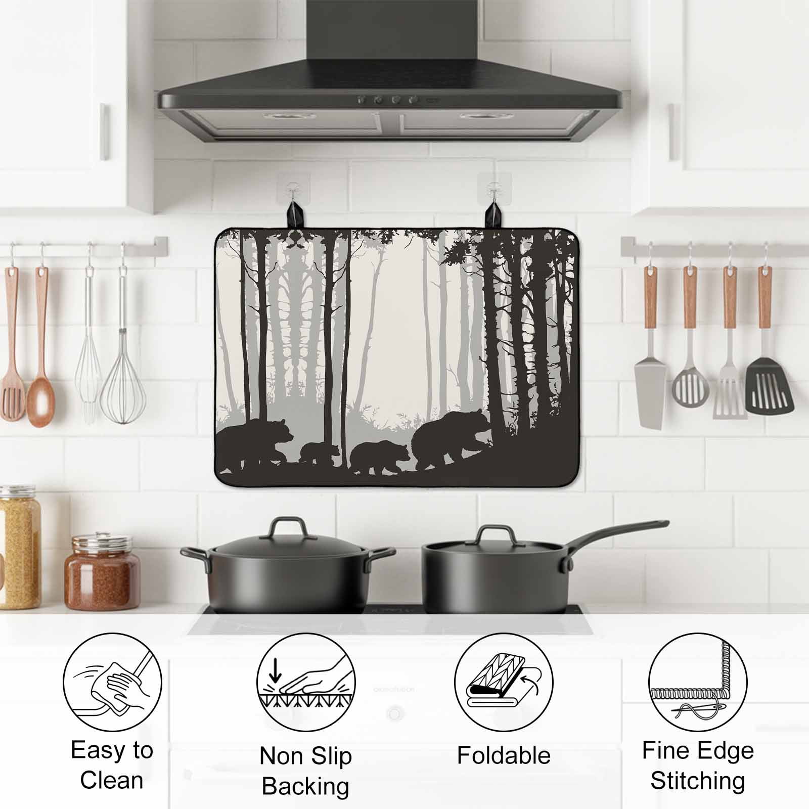 Forest Bear Stove Top Cover for Electric Stove, Heat-proof & Non Slip Glass Top Stove Cover Protector, Black Grey Country Farmhouse Nature Tree Kitchen Flat Cooktop Rubber Mat 24x21 Inches