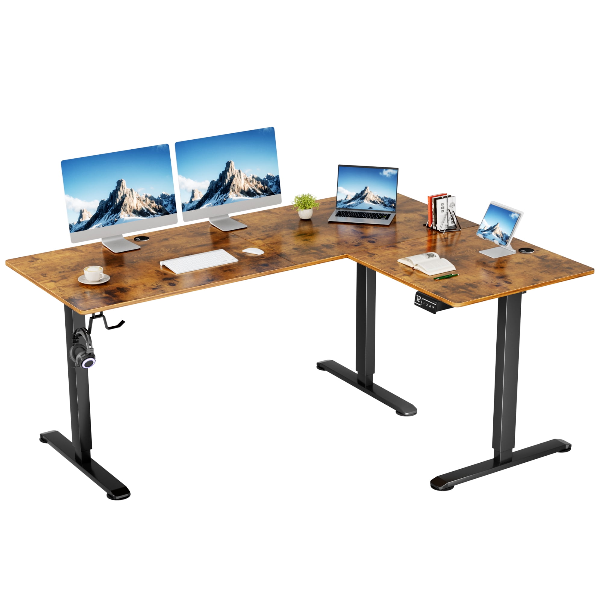 Homall 63in Wide L-shaped Electric Sit-Stand Desk Lifting Range 28~46in Height Gear Memory Ergonomics Standing Desk Height Adjustable Computer Desk, Brown