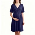 thumbnail image 7 of Annhoo Maternity Dress Short Sleeve V Neck Pleated Waist Knee Length Flowy Gowns Fall Casual Pregnancy Dress, 7 of 7