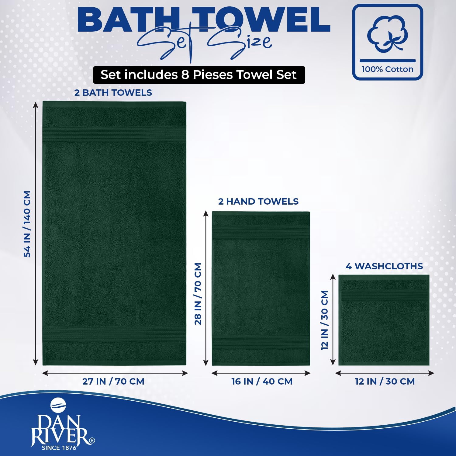 Dan River 8 Piece Towel Set Soft Quick Drying Cotton Bath Towel For Gym, Spa and Bathroom - Hunter green