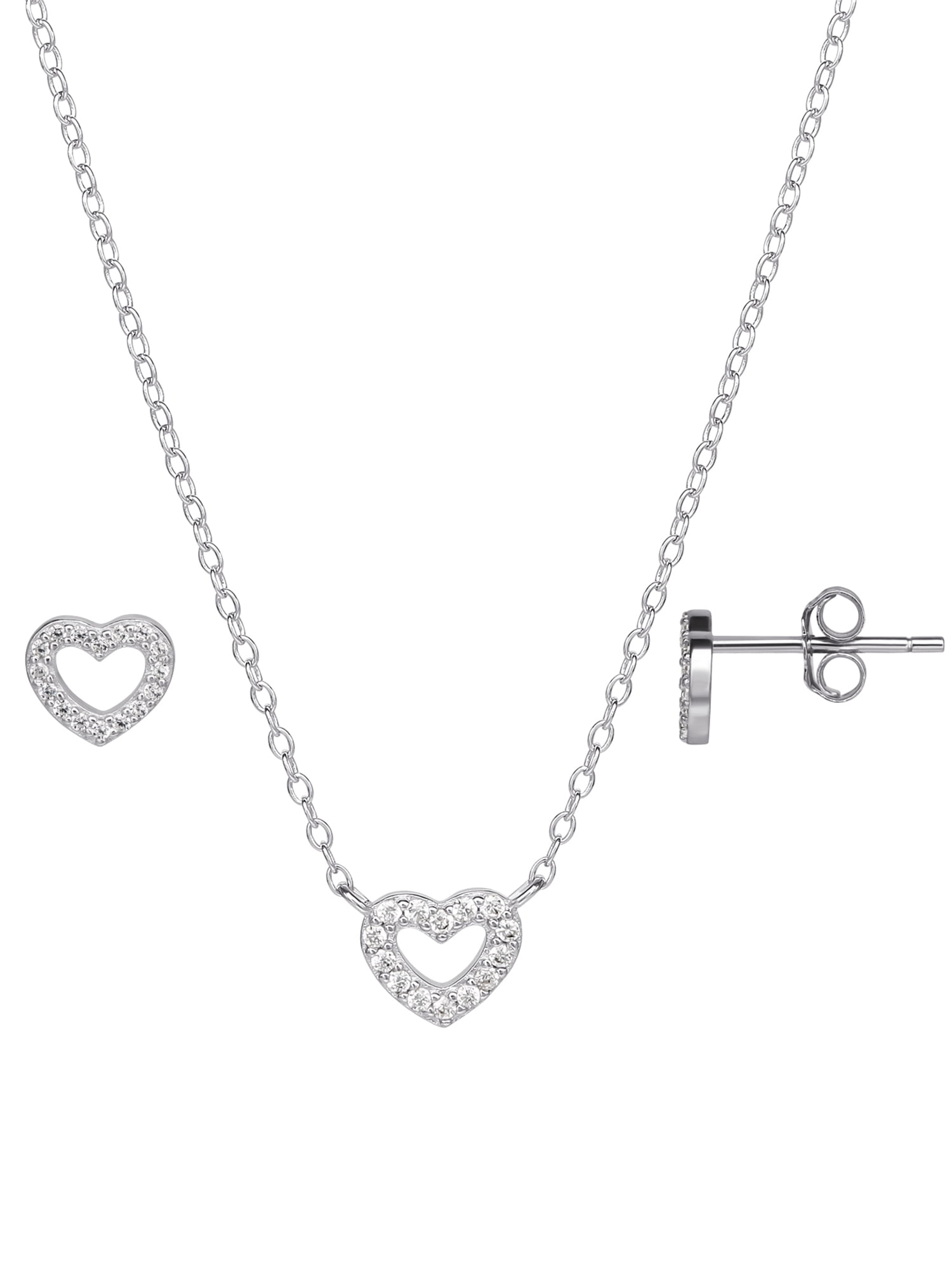 Sterling Silver Heart Necklace & Earring Set with Cubic Zirconia for Women