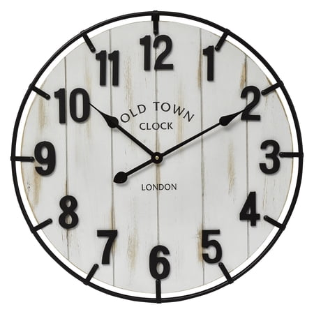 EMAX HOME 24 Whitewashed Wood Farmhouse Arabic Numeral Silent Wall Clock, Iron Frame