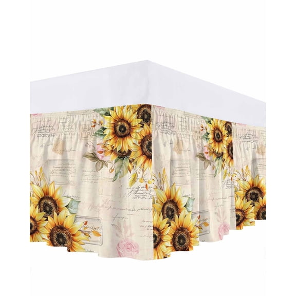 Pastoral Sunflower Ruffle Bed Skirt Queen Size Plant Country Vintage Letter Background Adjustable Elastic Dust Bed Skirts Wrap Around Bedskirt Wrinkle Free Easy Fit with 18 Inch Drop