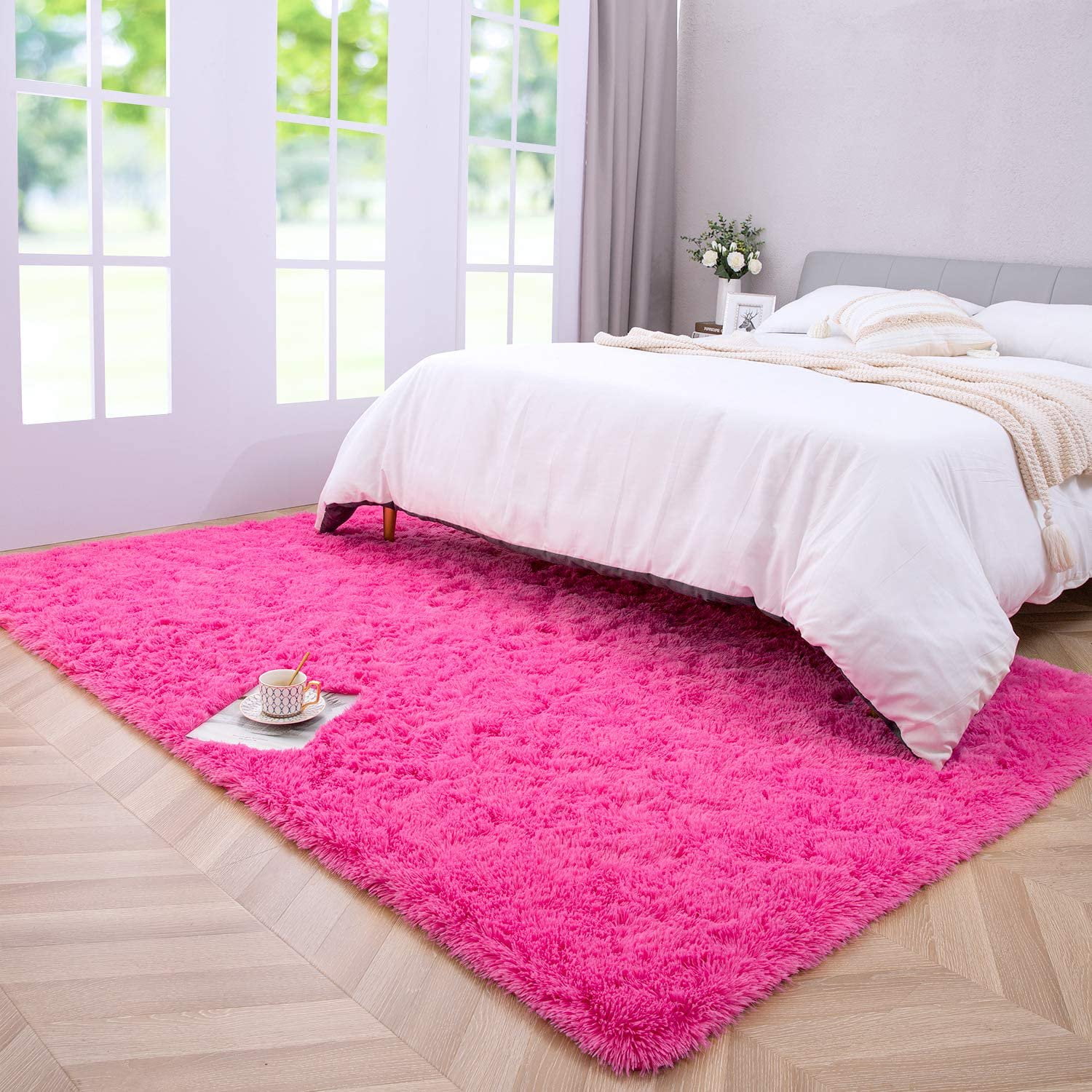 Ophanie Light Pink Area Rugs for Bedroom Girls, Fluffy Fuzzy Furry Shag  Carpet, Plush Soft Cute Kids Baby Shaggy Bedside 4x5.3 Indoor Floor Rug for