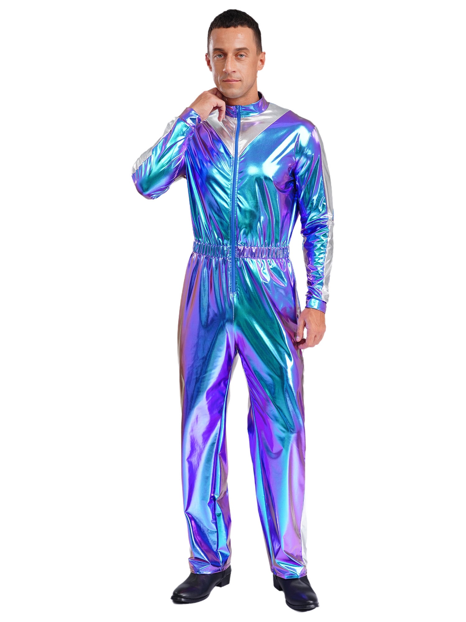 YiZYiF Mens Shiny Long Sleeve Elastic Waist Jumpsuit for Outer