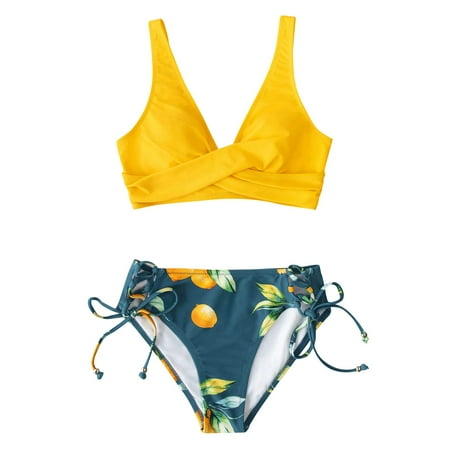 YDKZYMD Womens Bathing Suit Bikinis Floral Print Twist Front Wrap Lace Up Low Rise Bikini Swimwear for Women Pink/Yellow/Green S