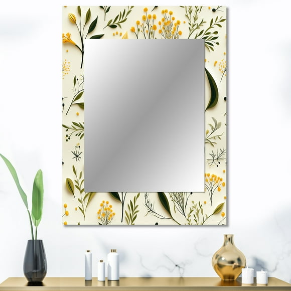 Designart "Simplicity In Yellow And Green Florals" Floral Wall Mirror, Printed Yellow Wall Mirror, Traditional Bathroom Wall Mirror, Decorative Floral Mirror - 30x40 Inch