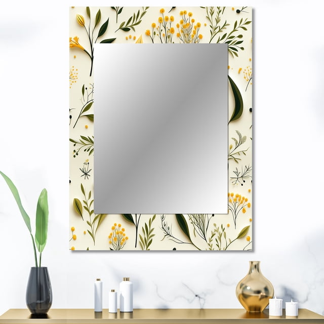 Designart "Simplicity In Yellow And Green Florals" Floral Wall Mirror, Printed Yellow Wall Mirror, Traditional Bathroom Wall Mirror, Decorative Floral Mirror - 30x40 Inch