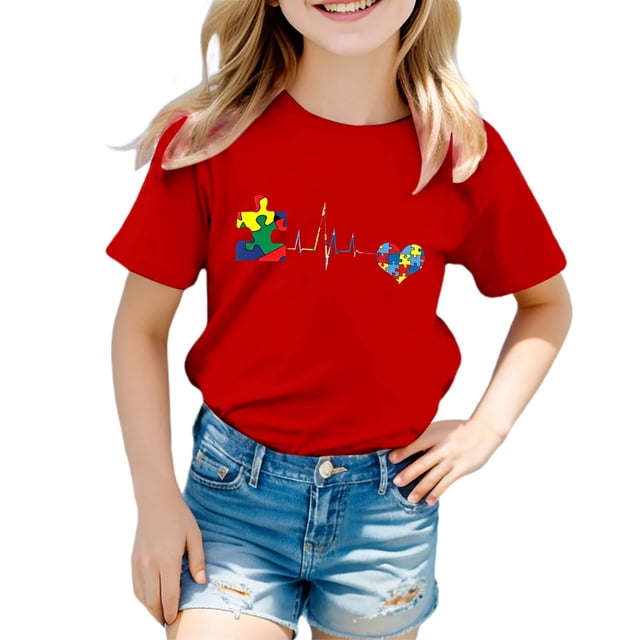 WERYOUNG T-Shirts Filles Garçons Été Décontracté Imprimé Cœur d'Amour Manches Courtes Col Rond T-Shirts Enfants Polyvalent Tee, Rouge, 8-9 Ans