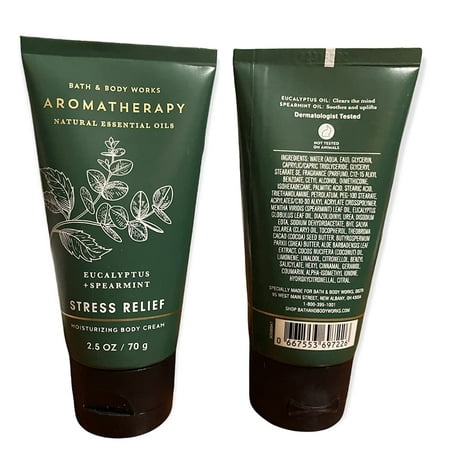 2 Pack Bath and Body Works Travel Size Body Care - 2.5 Oz 24 Hour Moisture Body Cream - Stress Relief - Eucalyptus + Spearmint
