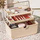 thumbnail image 1 of Organizador de maquillaje portátil de escritorio con asa | Caja de almacenamiento transparente de gran capacidad para cosméticos, joyas y artículos pequeños | Estuche de plástico azul o beige, 1 of 7