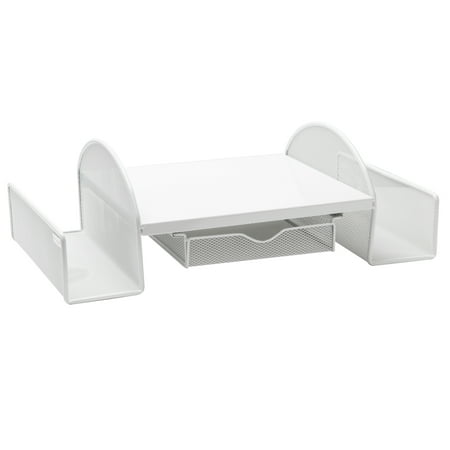 Mind Reader - Mesh Monitor Stand, Wire Screen Riser with Side Storage File Pockets - White