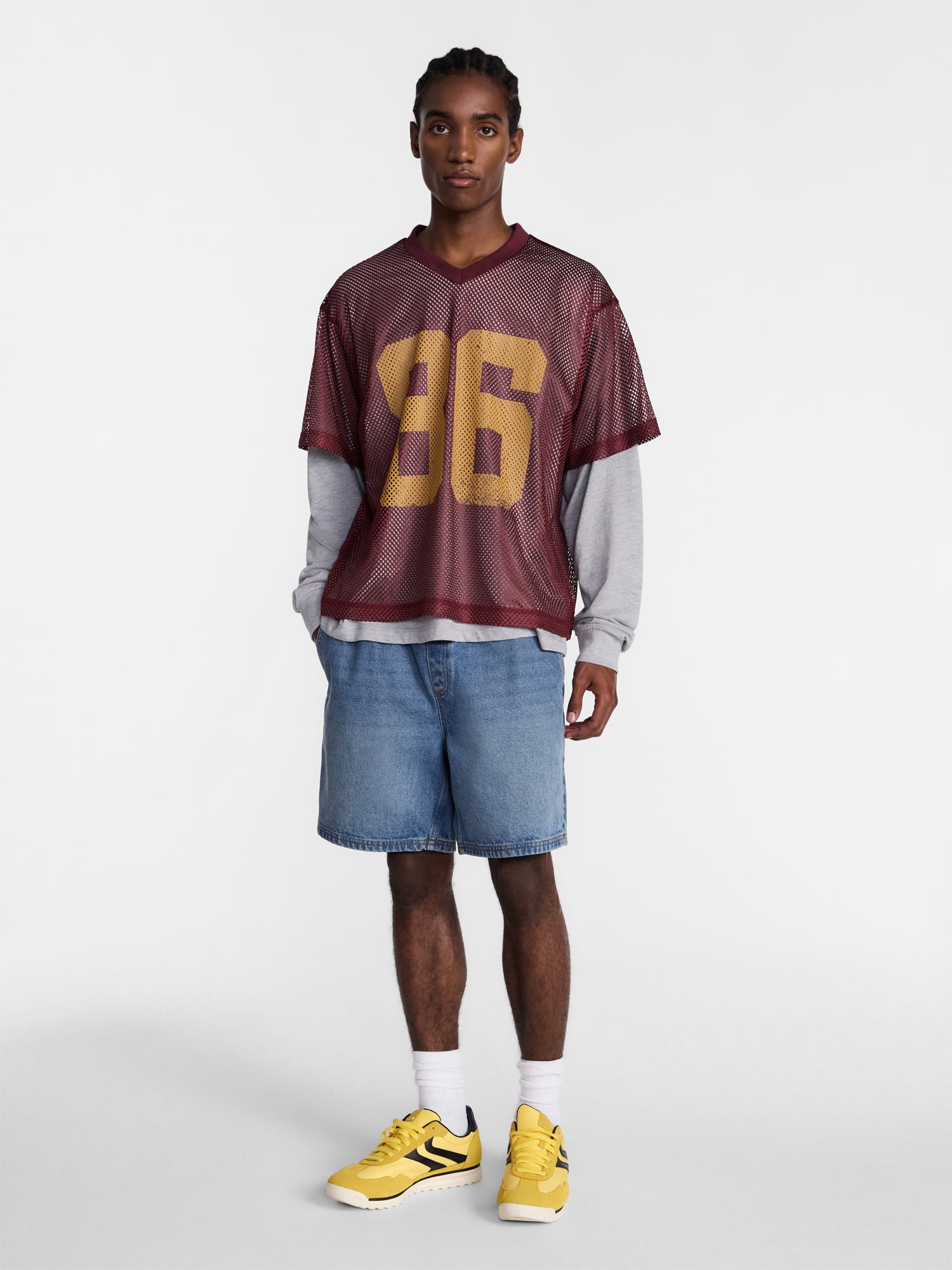 No Boundaries 90s Layered Look Mesh Jersey with Long Sleeves Tee Shirt, Men's XS-5XB