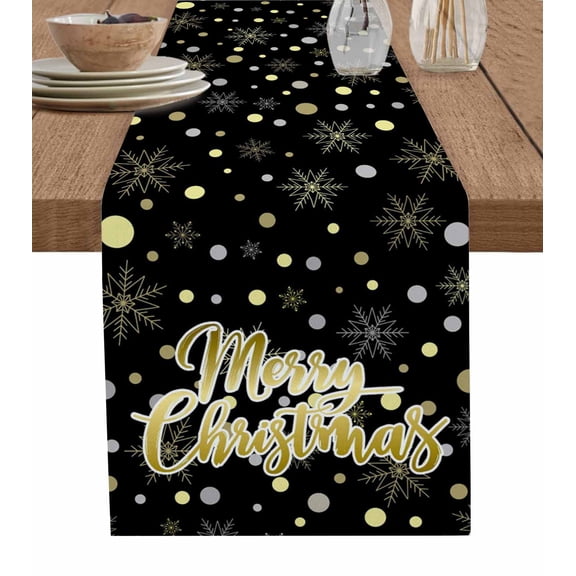 Merry Christmas Black Table Runner 72 Inches, Xmas Snowflakes Polka Dot New Year Bed Runner Dresser Scarves Tabletop for Indoor Outdoor Parties/Ceremony/Banquet, 14" x 72"